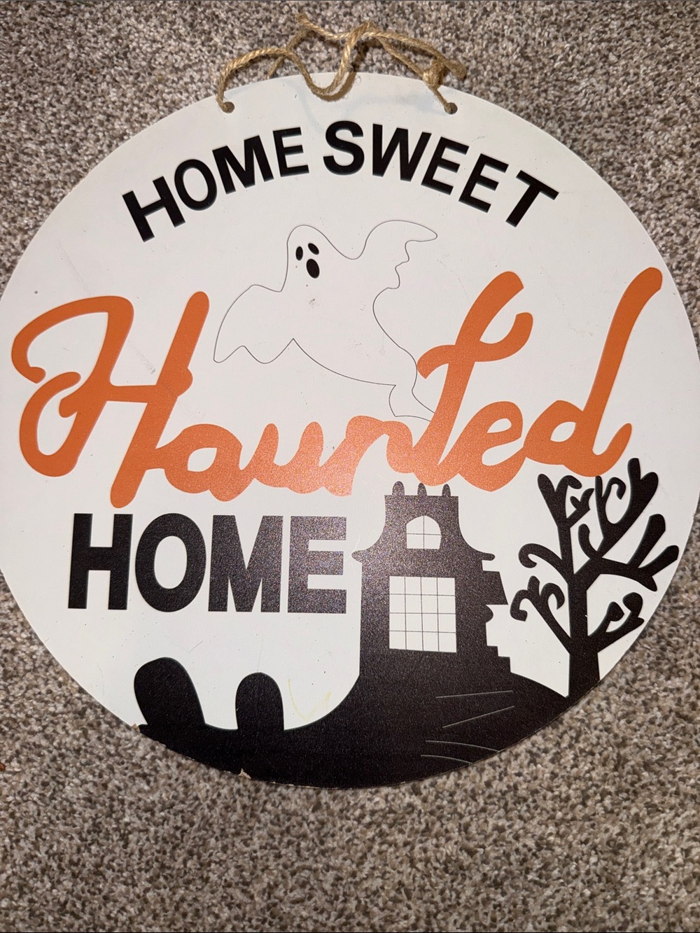 Home Sweet Haunted Home Round Wall Sign - White & Orange